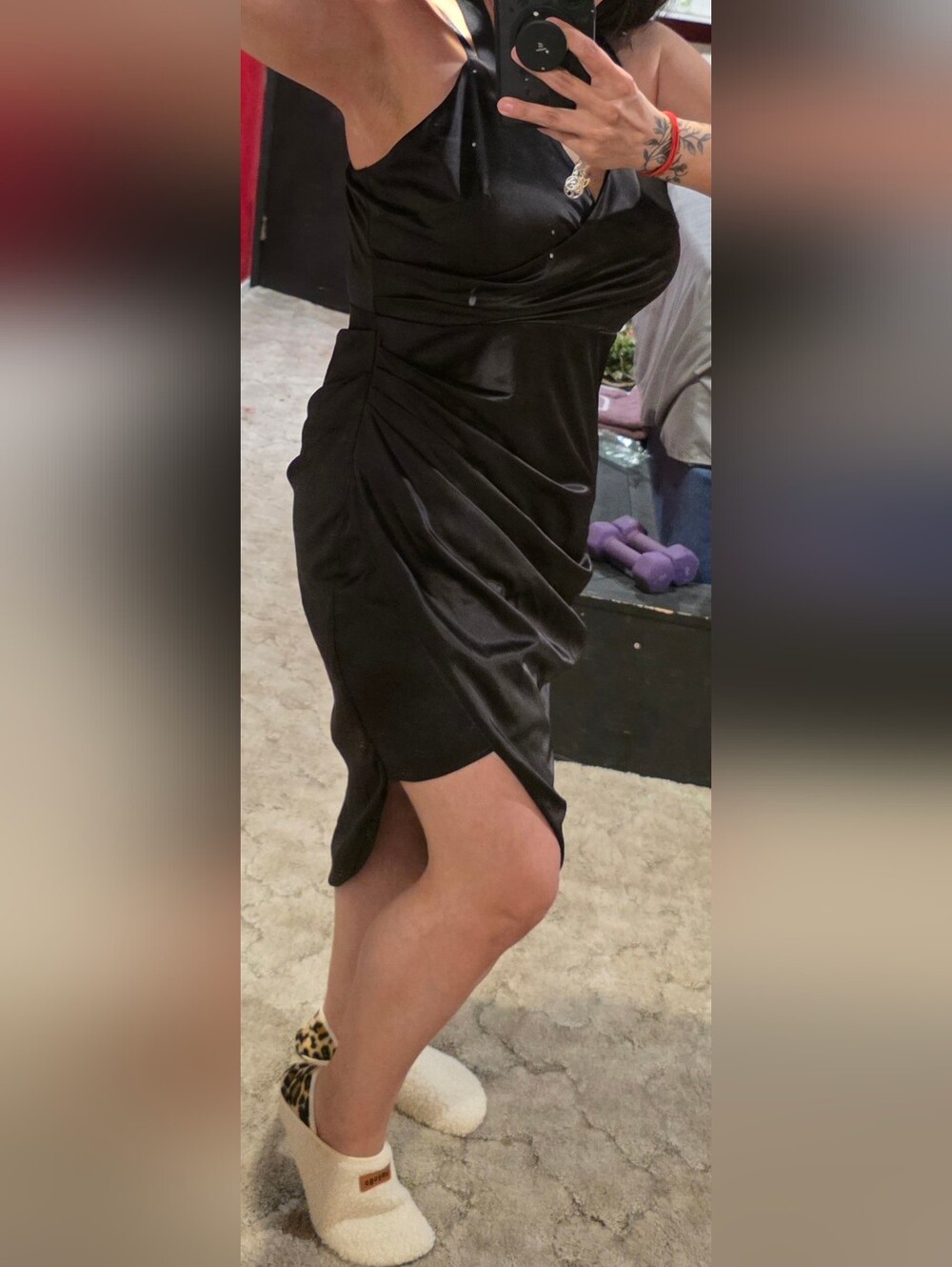 Black Satin Draped Midi Slip Dress with Side Rosette - Picture 3 of 6